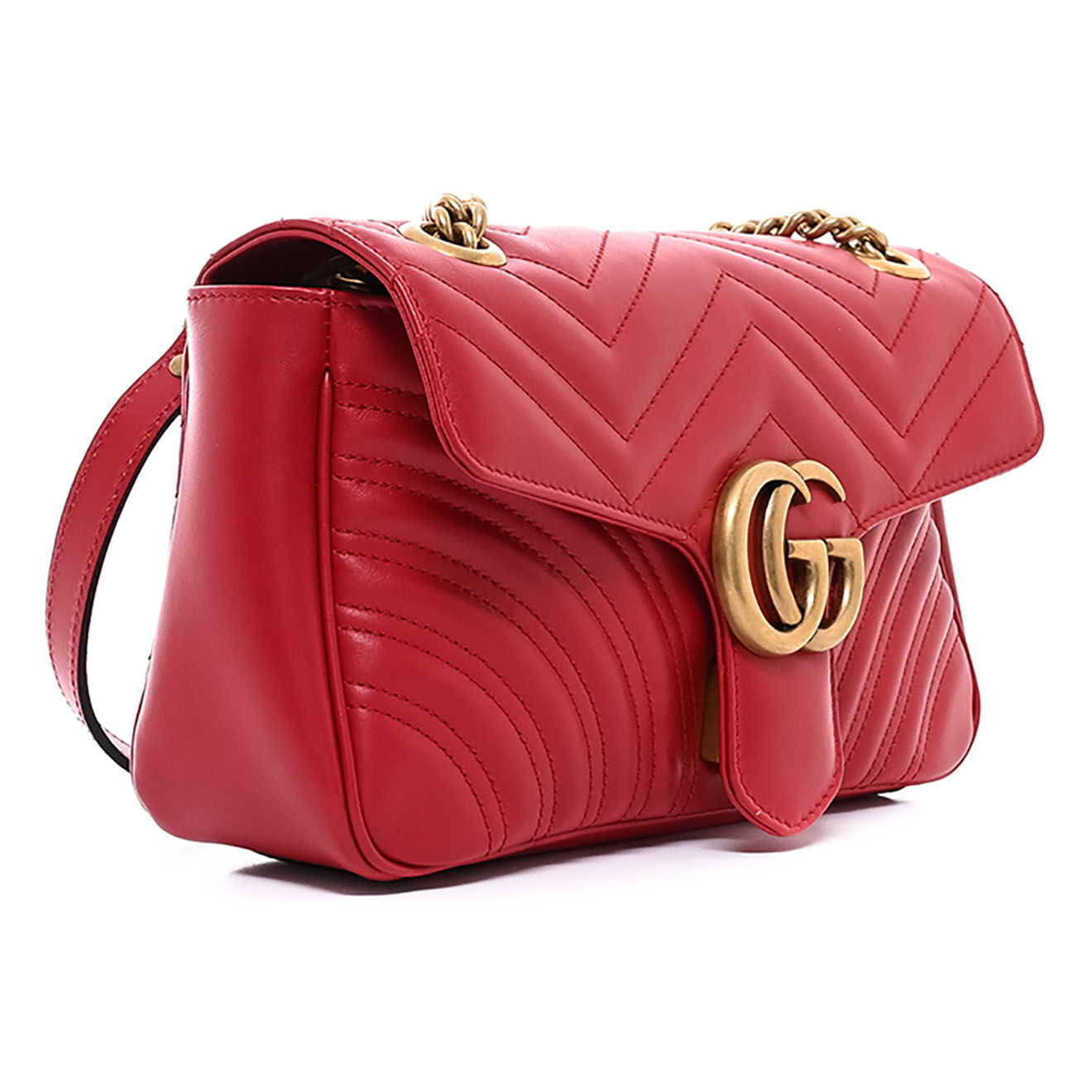 Gucci Sac bandoulière Marmont en Cuir Chevron matelassé hibiscus rouge - Bon état - L.25 cm