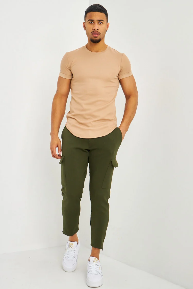 T-shirt côtelé beige foncé manches courtes à revers