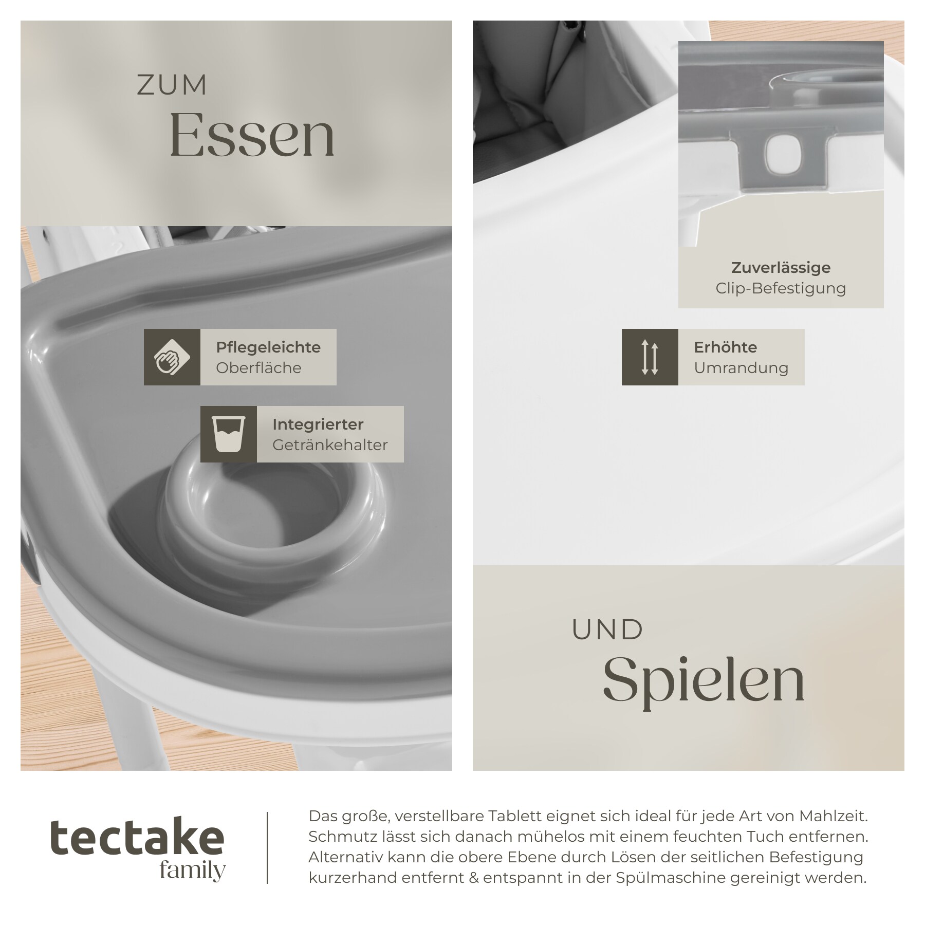 tectake® Hochstuhl, ab den ersten Lebensmonaten, klappbar, pflegeleichter, schmutzabweisender Kunstlederbezug, doppeltes Tablett, Belastbarkeit 15 kg, 55 x 91 x 95 cm