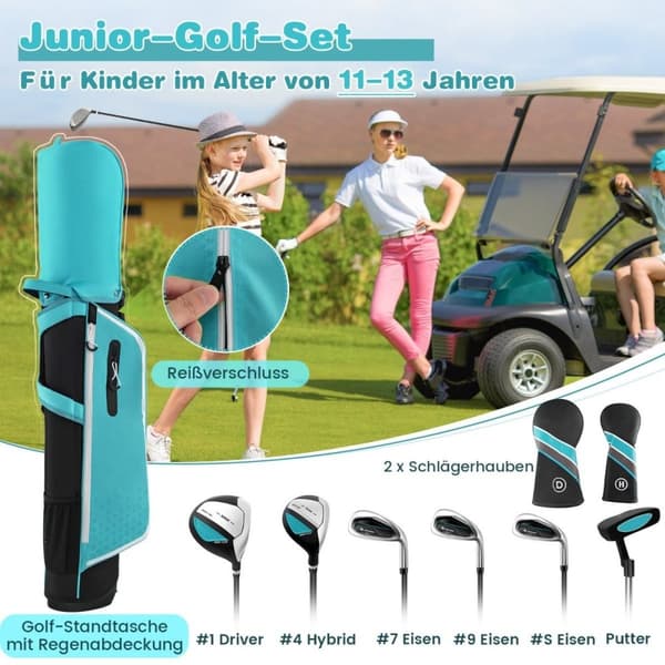 6-delt barnegolfkøllesett med golfbag og regntrekk for barn i alderen 11-13 år blå