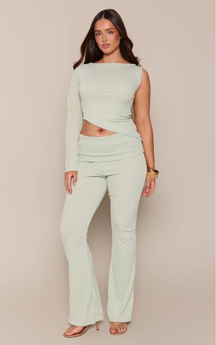 Vert Sauge Pantalon Droit À Taille Repliée En Maille Onion Skin Shape