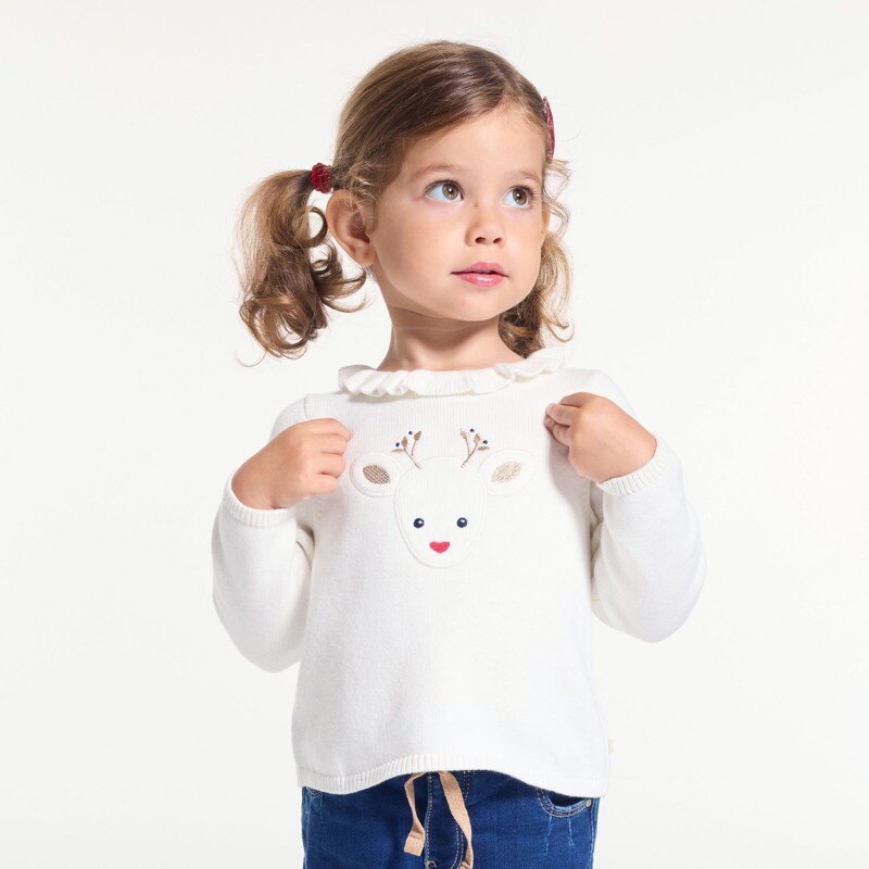 Pull maille tricot renne brodé blanc bébé fille Beige