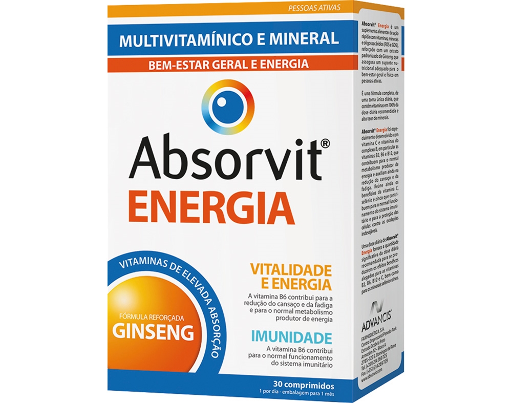 SUPLEMENTO ABSORVIT ENERGIA 30 COMPRIMIDOS