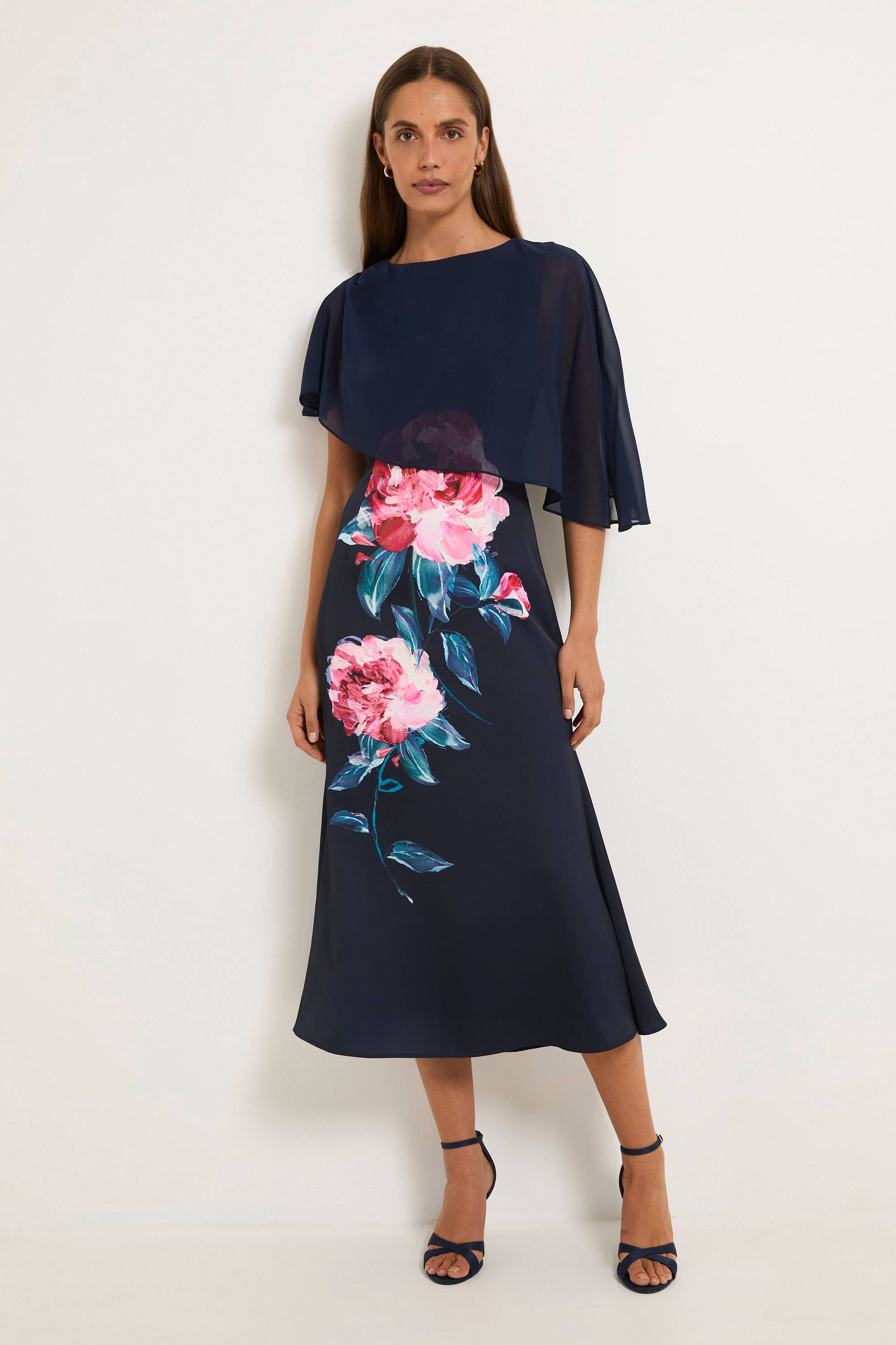 Wallis Robe Midi À Détail Cape Floral