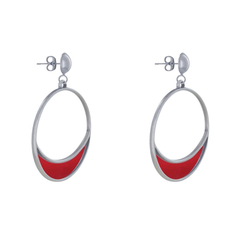 Boucles d'Oreilles Clous Métal Argenté Cercle et Croissant de Lune Translucide Coloré