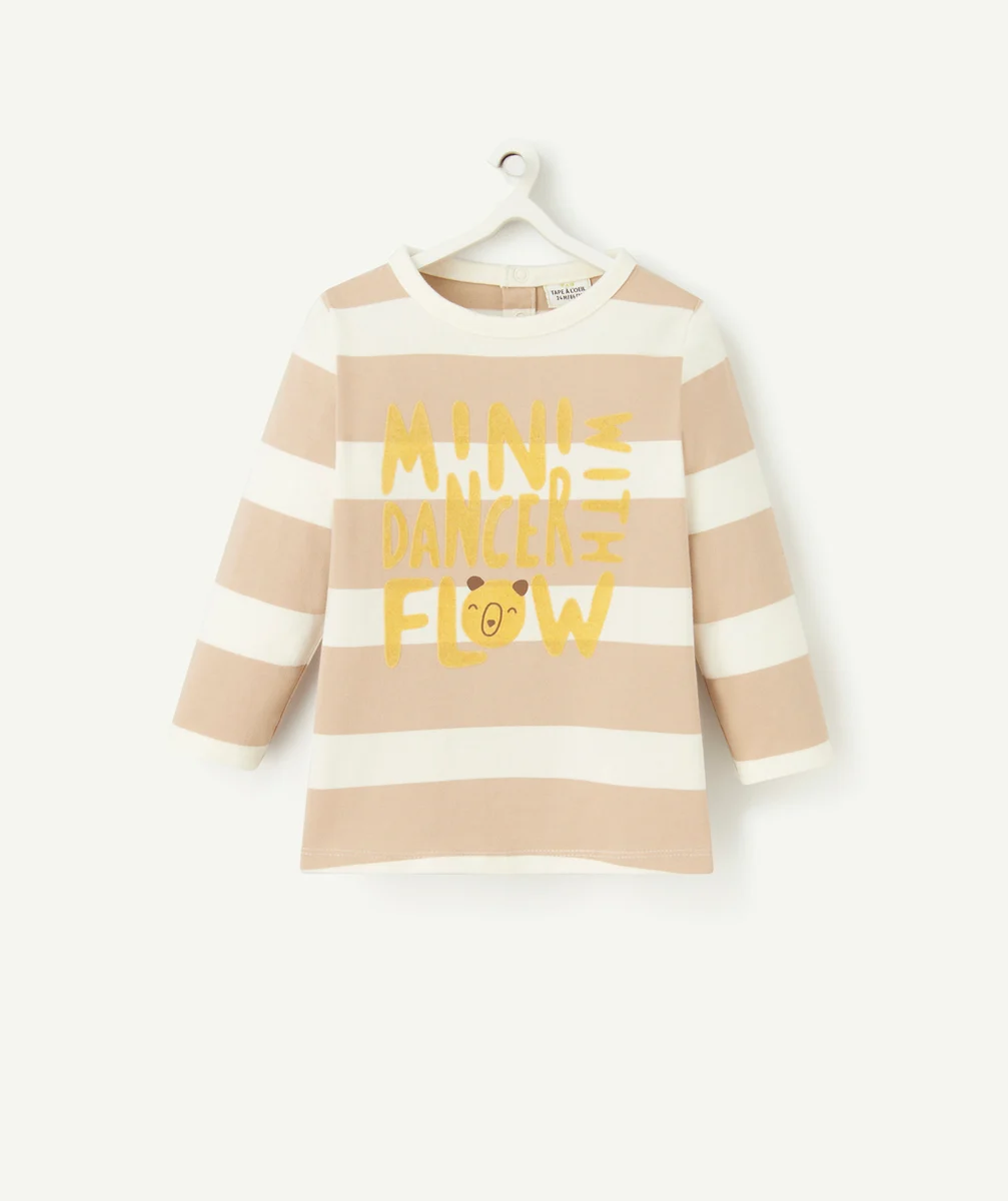 T-SHIRT BÉBÉ GARÇON EN COTON BIO AVEC MESSAGES ET IMPRIMÉ RAYÉ BEIGE
