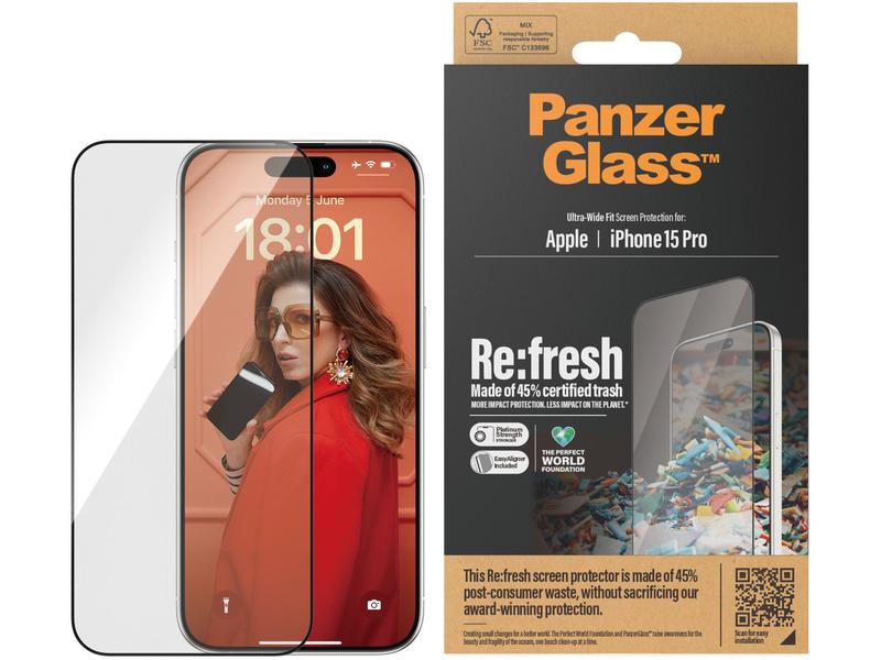 Panzerglass Displayschutz Refresh  iPhone 15 Pro Displayschutzfolie mit Applicator und 45% recyceltem Glas für das Apple iPhone 15 Pro