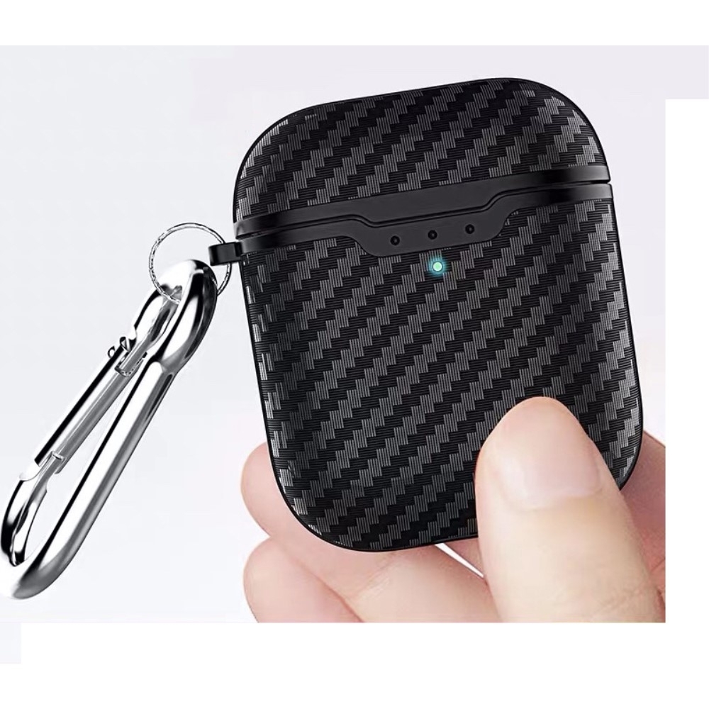 AirPods (1. & 2. Generation) Gummi Schutzhülle Abdeckung mit Karabinerhaken Carbon Look - Dunkelblau