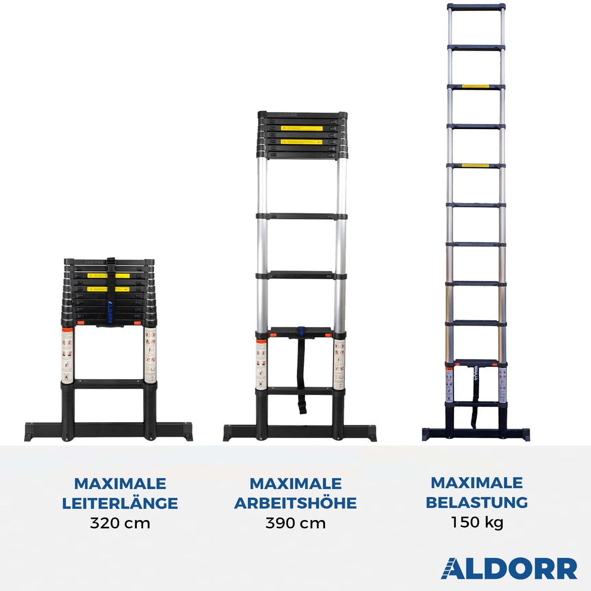 ALDORR Professional - Telescopische ladder van 3,20 m - Multifunctionele ladder - Draagvermogen tot 150 kg - Soft-Close-systeem