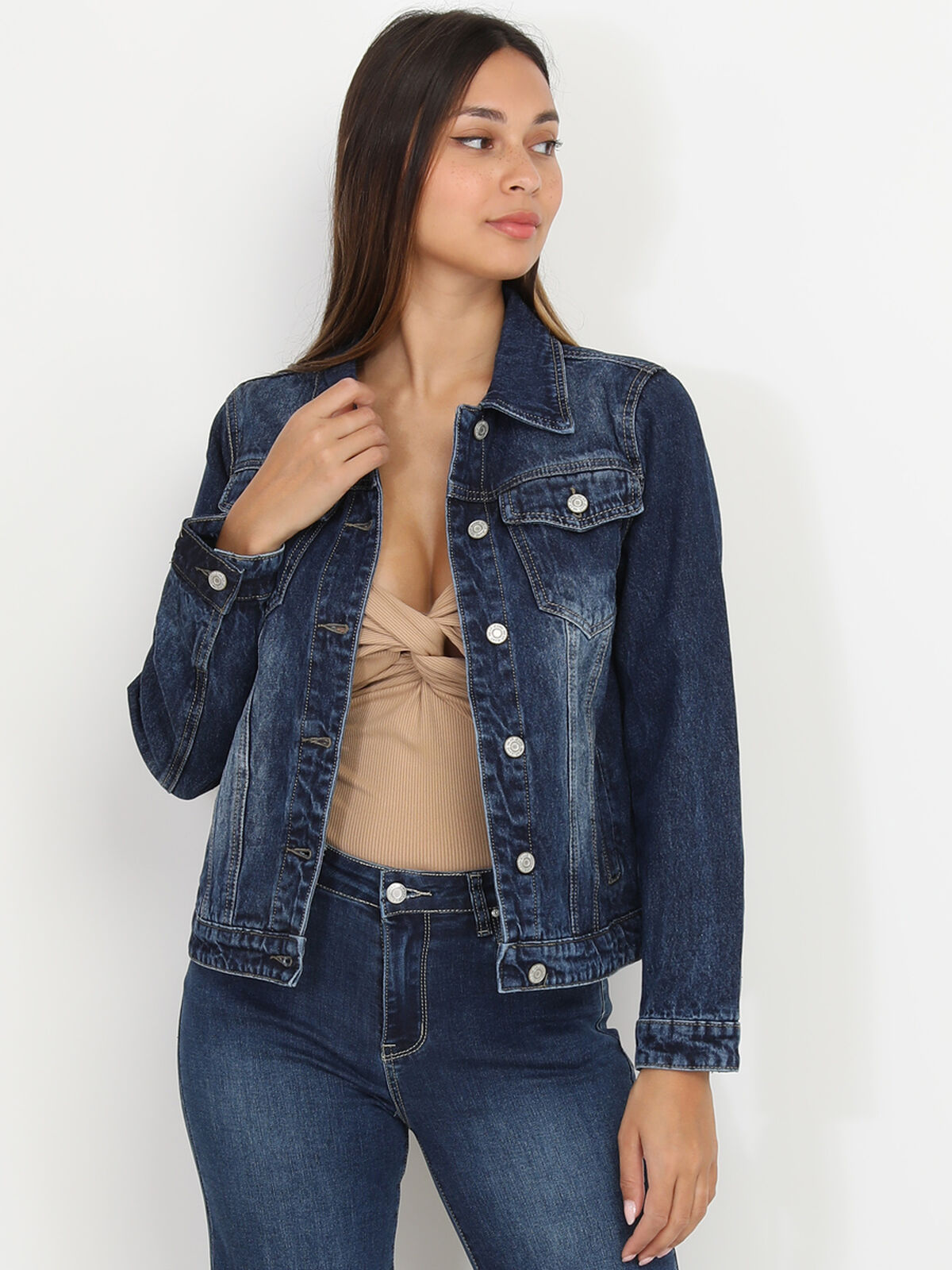Veste en jean brut délavé- Bleu foncé