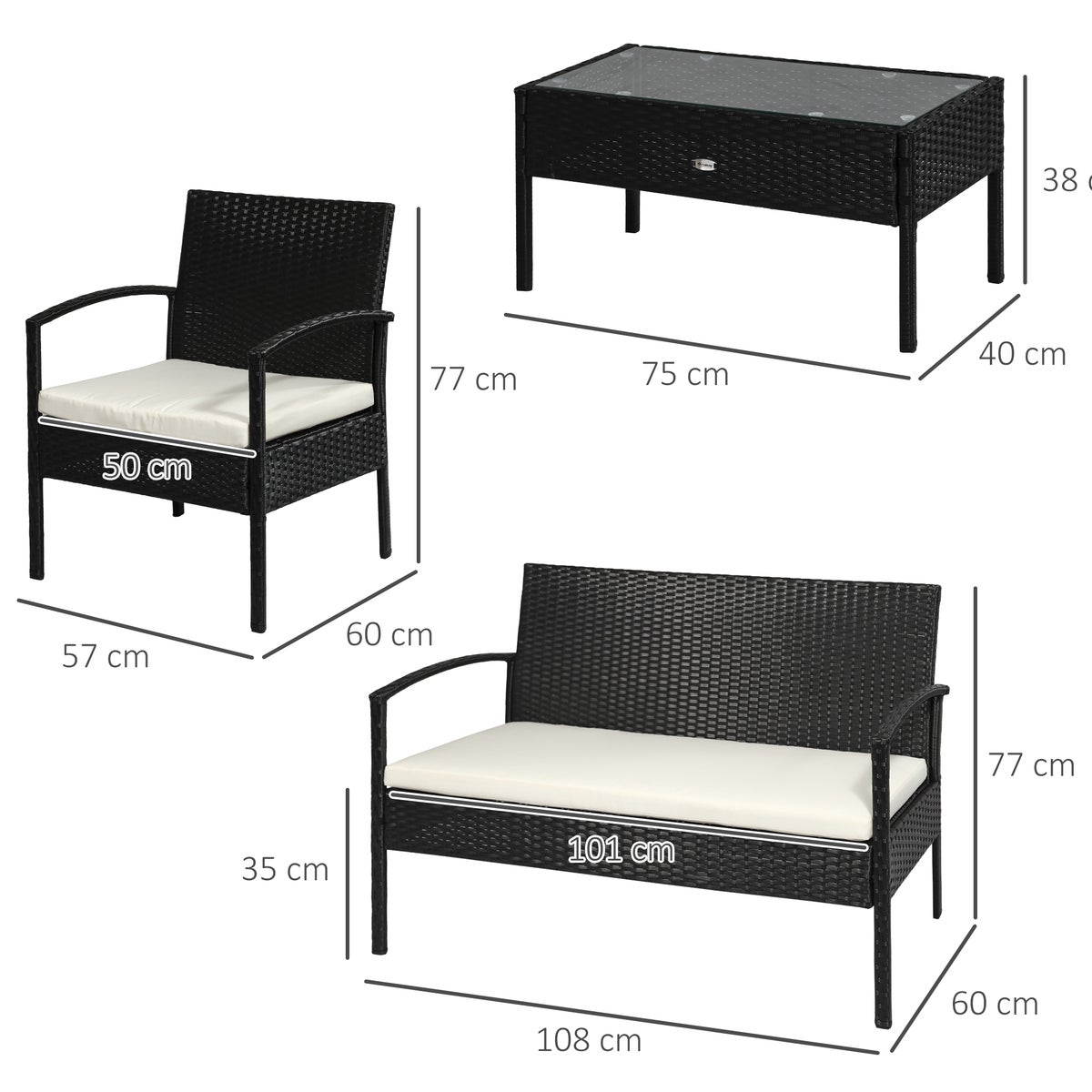 Outsunny zitset, L75 x B40 x H38cm, PE polyrattan, metaal, gehard glas, polyester, veelkleurig