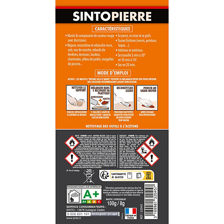 Mastic polyester Sintopierre rouge en tube de 66 ml