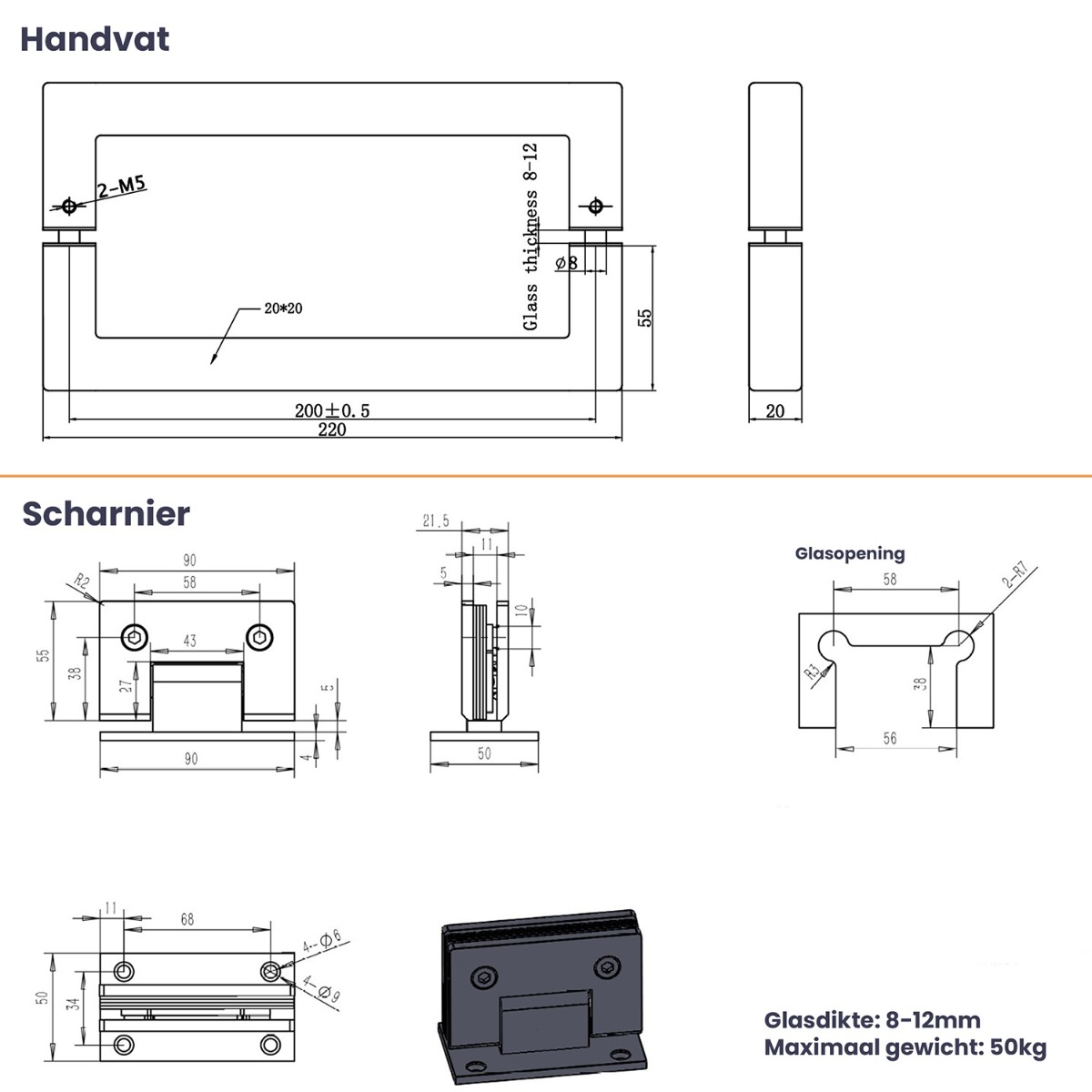 Saniclear Modern scharnieren   handvat voor douchedeur verouderd messing