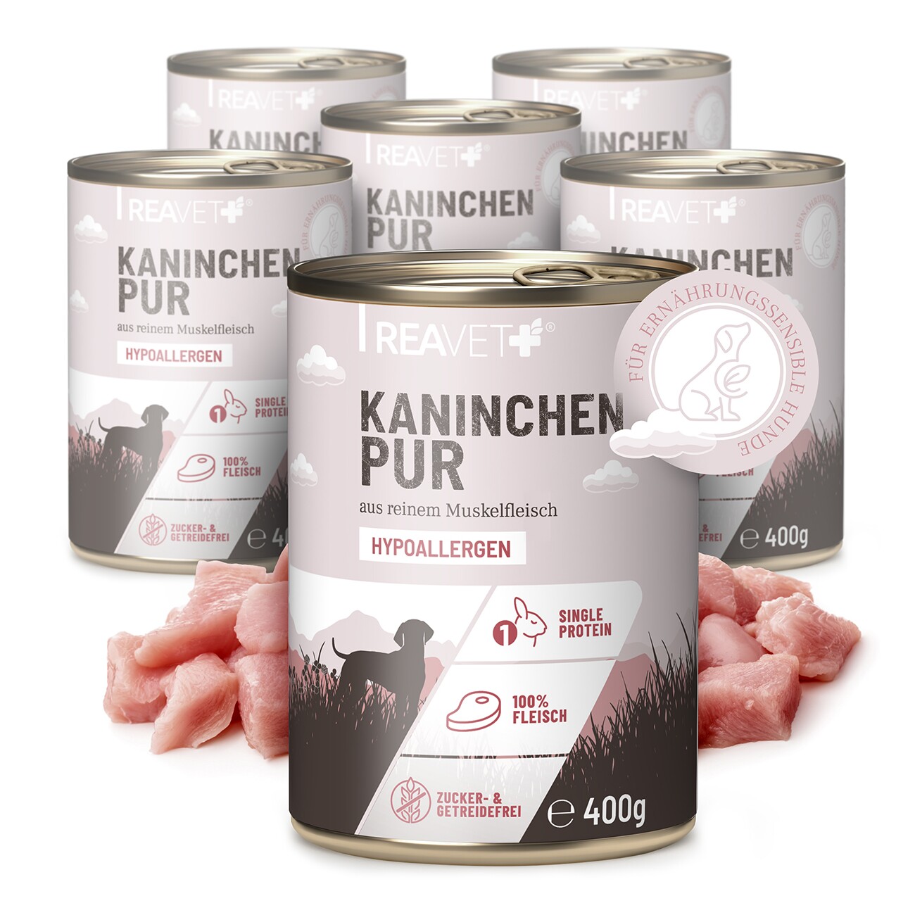 REAVET Hunde Nassfutter - Kaninchen PUR | 6 x 400g