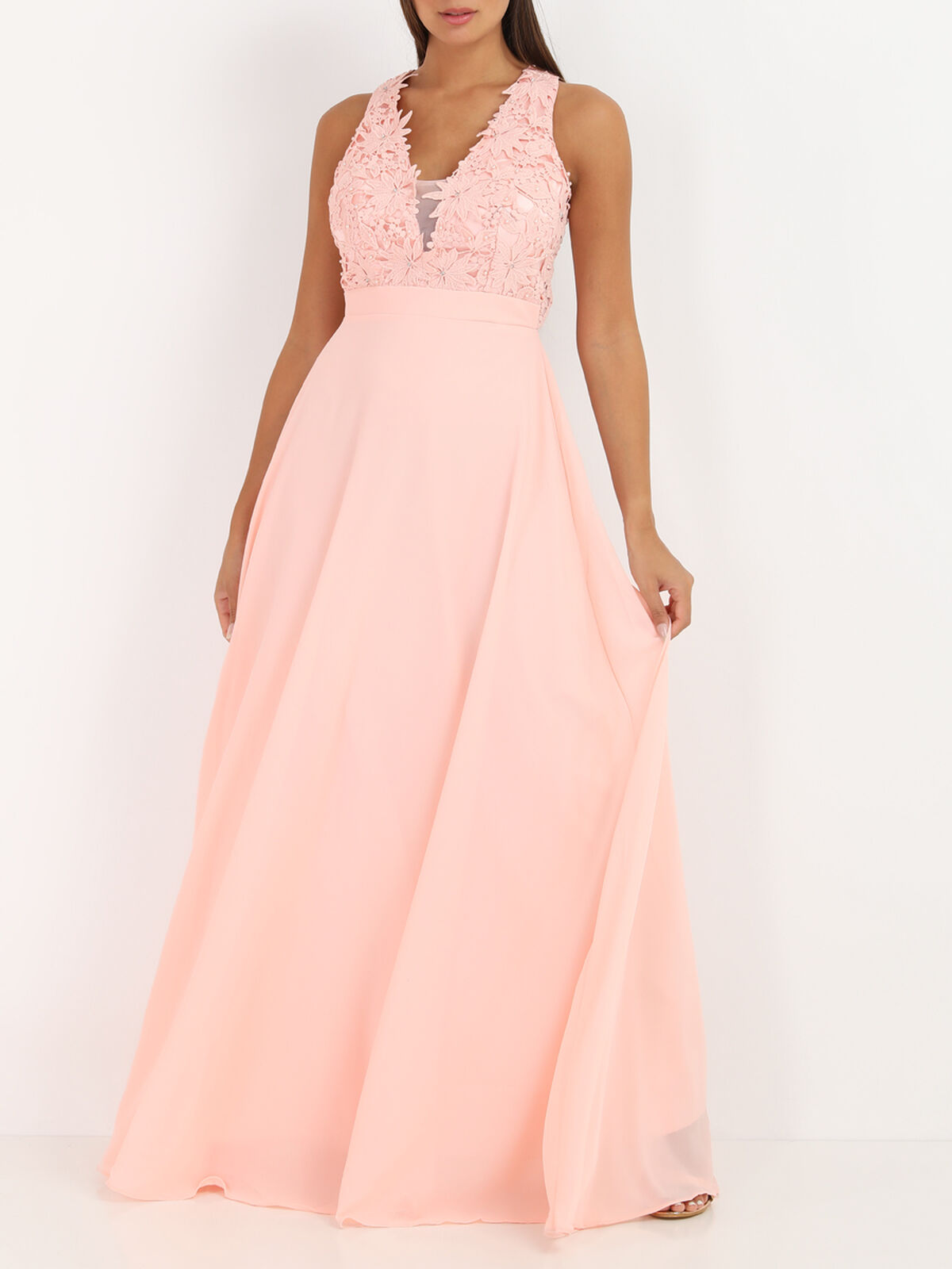 Robe longue à broderies fleuries- Rose