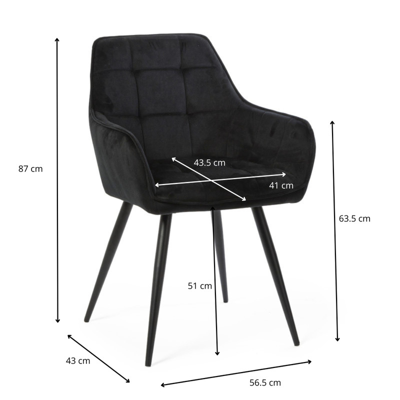Eetkamerstoel velvet met armleuning - zwart - 87x56.5x43 cm