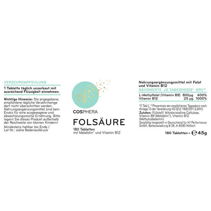 Cosphera Folsäure Tabletten 800 µg Folat mit Vit.B9, 180 St