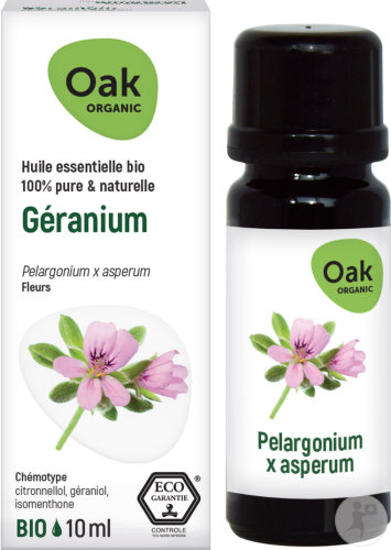 Oak Organic Géranium Huile Essentielle 100% Pure Et Naturelle Flacon 10ml