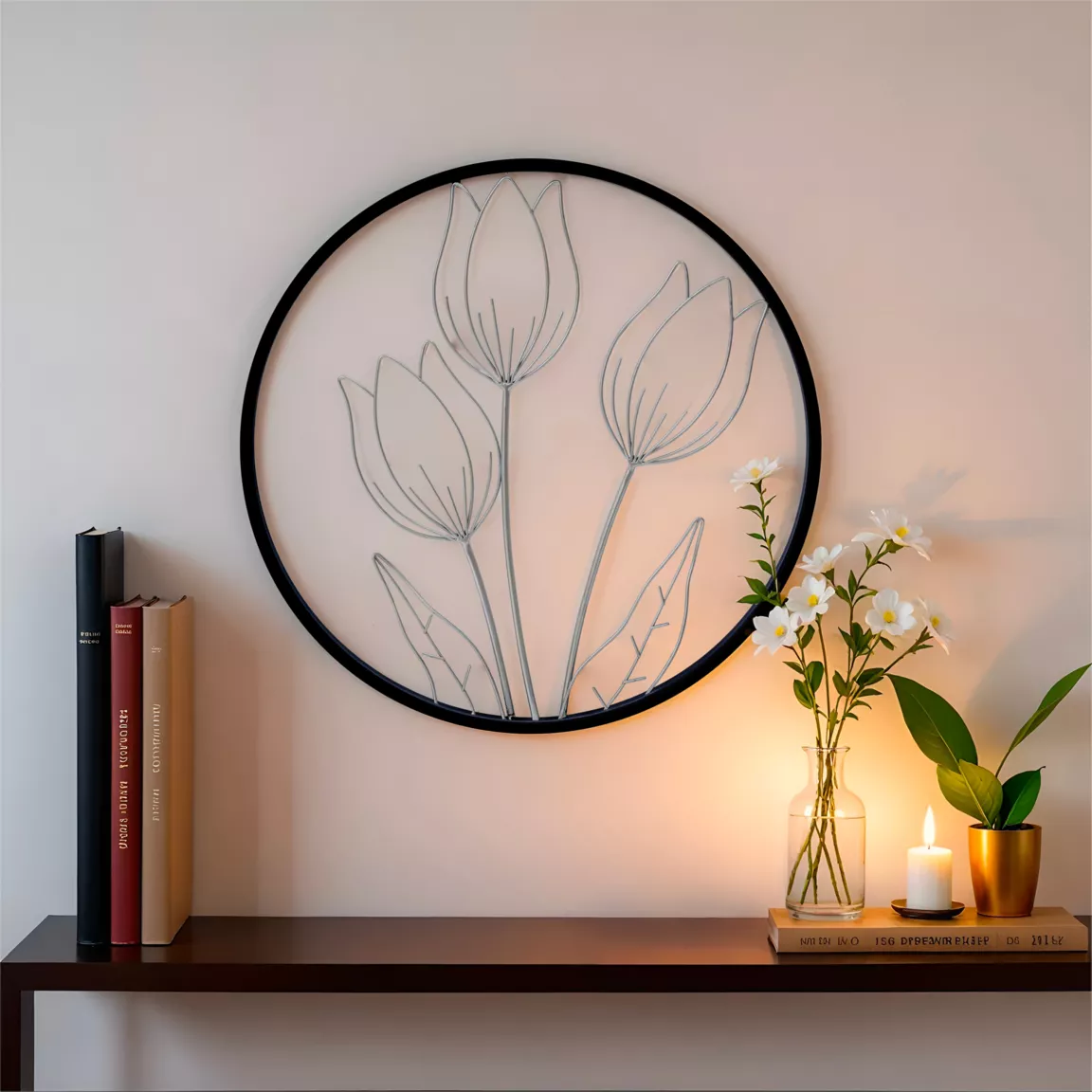 Décoration murale ronde en métal (D46 cm) Tulipe Noir