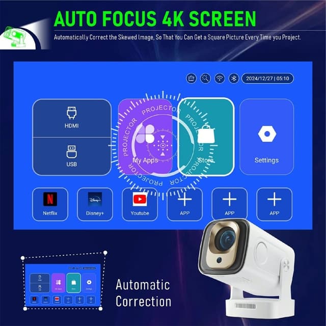 HY260 Pro Projektor 1GB+8GB Android 11.0 WiFi6 BT5.4 Hjemmebiograf 200 ANSI Lumen