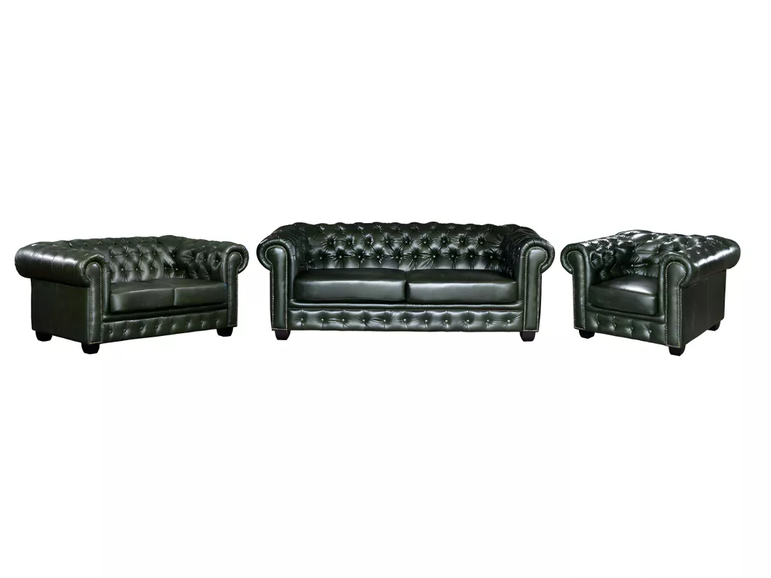 Canapés chesterfield 3 places 2 places et un fauteuil BRENTON 100% cuir de buffle - Vert Empire