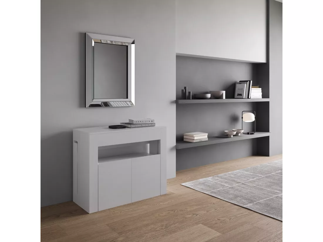 Console extensible 90x42/302 cm Evolve Frêne Blanc rallonges internes avec banc inférieur