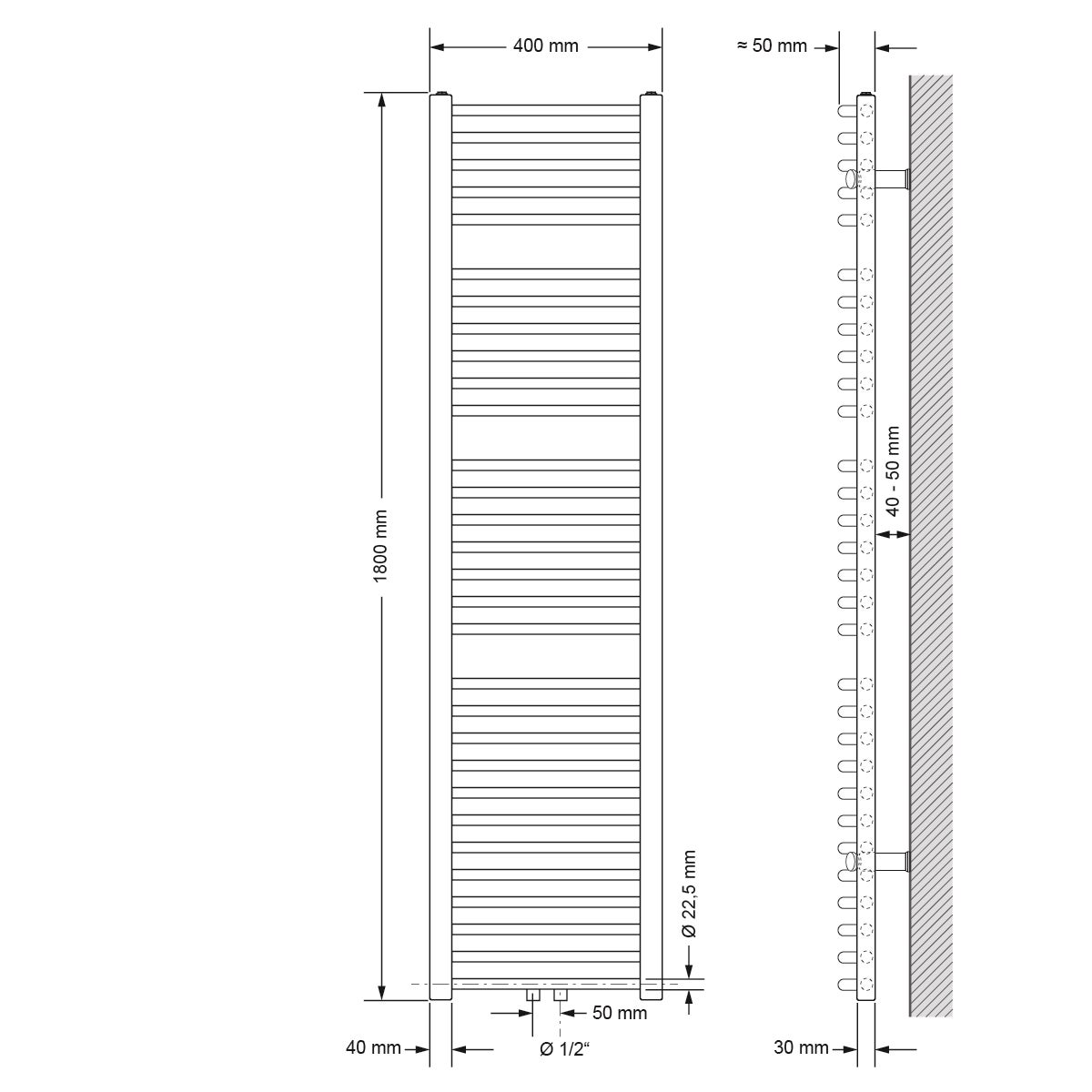 ECD Germany Badkamerradiator, Middenaansluiting, 400 x 1800 mm, Antraciet, Gebogen, met Thermostaat en Aansluitset, Universele Hoek- en Doorloopvorm - Radiator, Verwarming, Handdoekwarmer, Handdoekdroger