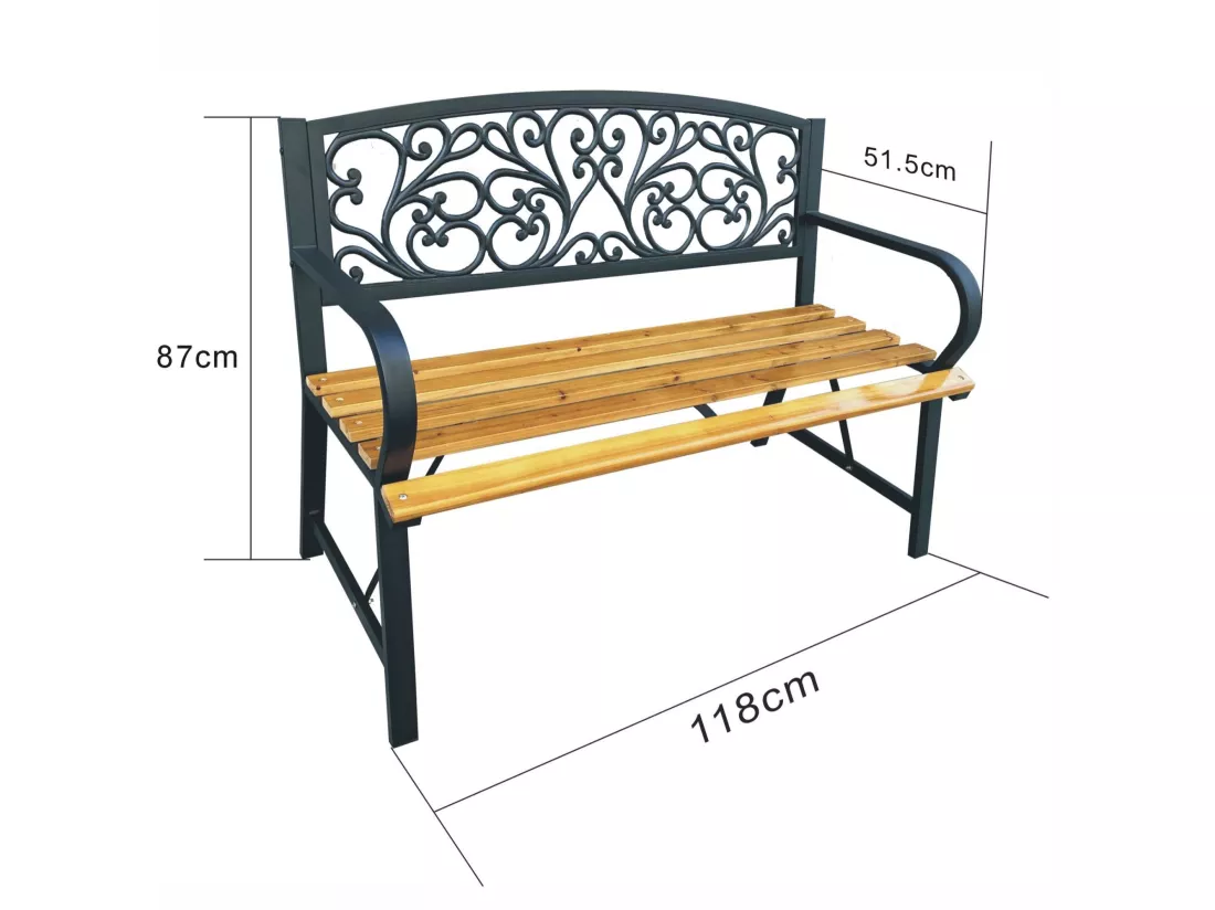 Banc de jardin noir NERINA avec bois laqué et pieds en fonte, largeur 118 cm