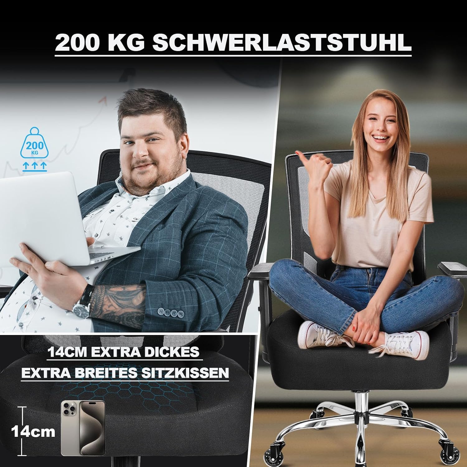Bürostuhl 200KG XL, Breites Federkissen, Gummirollen, Ergonomischer Bürostuhl, Verstellbare Lendenwirbelstütze, Stufenlose Neigungsfunktion, Gaming, Schreibtischstuhl [Lendenkissen Inklusive]