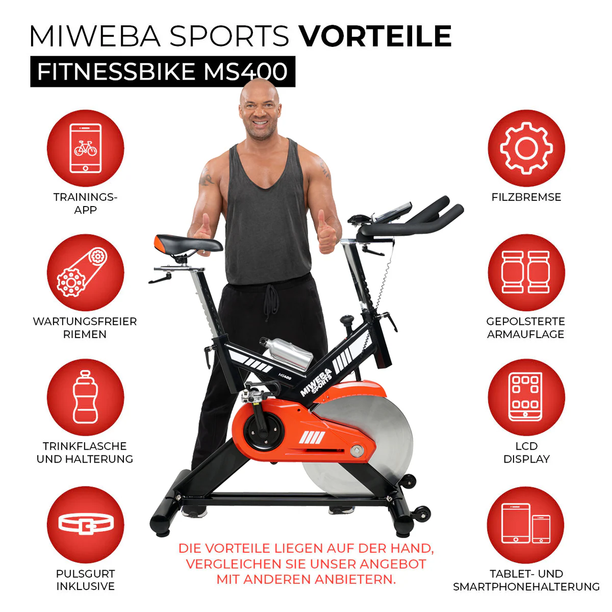 Miweba Sports Profi Indoor Cycle MS400, 22 kg Schwungrad, für zuhause geeignet (Schwarz)