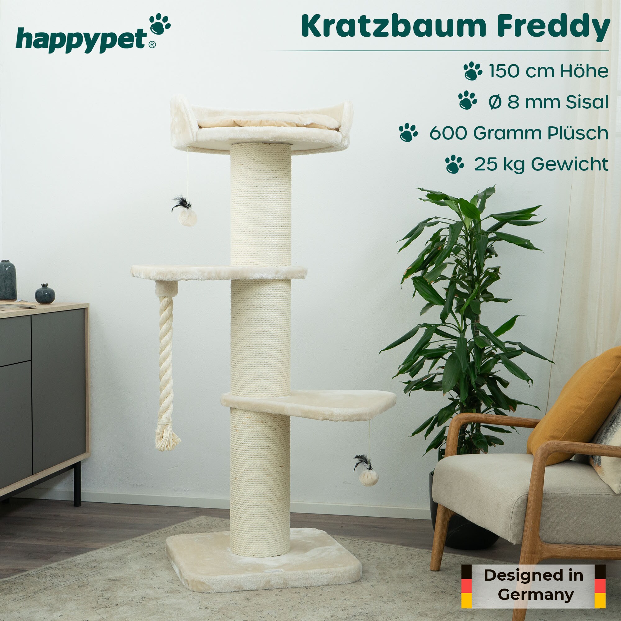Premium Kratzbaum Grosse Katzen Stabil 'Freddy' – 150 cm Großer Katzenbaum | Creme