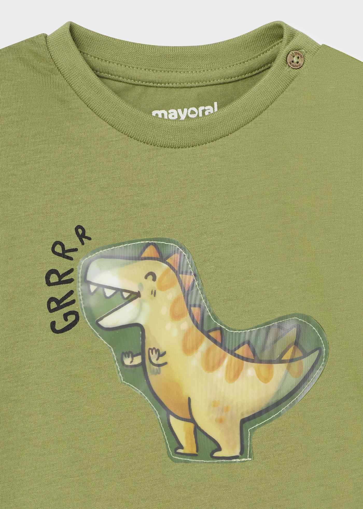 Camiseta infantil de algodão de manga curta com estampa interativa.