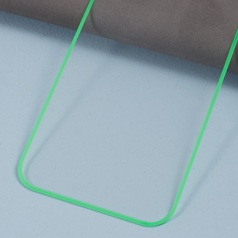 iPhone 15 Full-Screen Vollbild Glas Fluoreszierender Display Schutz mit Leuchtendem Alu Rahmen - Grün / Transparent
