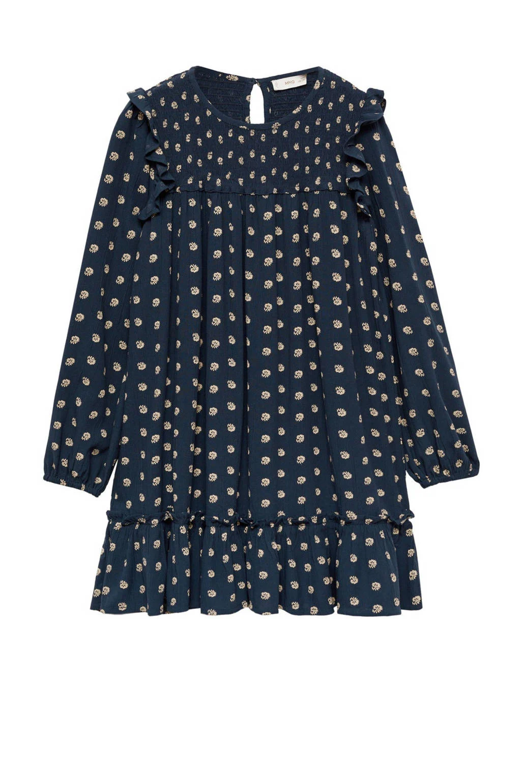 Mango Kids A-lijn jurk met all over print en ruches donkerblauw/beige