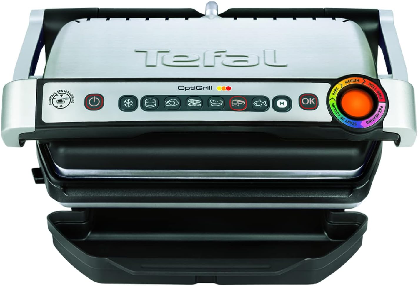 Tefal OptiGrill Kontaktgrill, 6 automatische Programme, Garstufenanzeige, passt Temperatur und Grillzyklus ans Grillgut an, antihaftbeschichtete abnehmbare Platten, Elektrogrill, Edelstahl, GC705D16