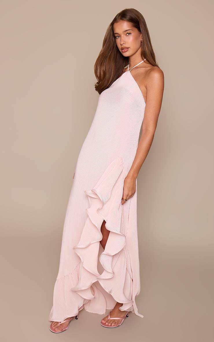 Rose Bébé Robe Longue En Satin Plissé Avec Détail De Volants