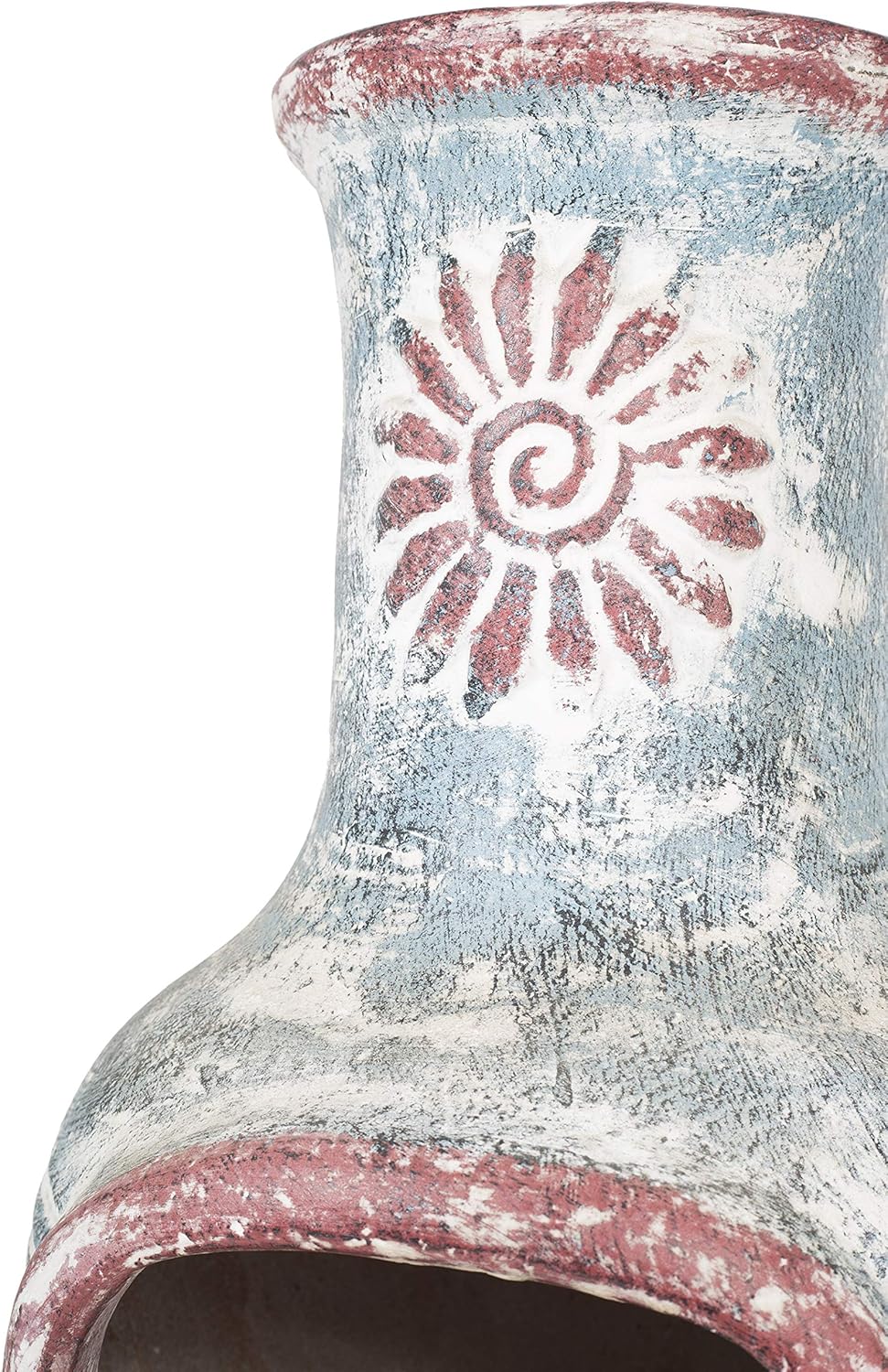 La Hacienda 67034 Swirl Clay Chimenea - Patio Heater - Handmade - Traditional - Log Burner - Sea Blue & Red with Protective Rain Lid and Solid Metal Stand,Medium