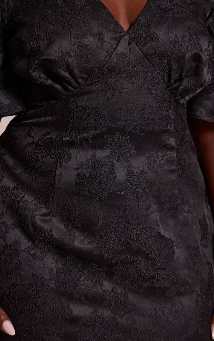 Noir Robe Maxi Grande Taille À Jacquard Floral Manches Bouffantes Et Décolleté Plongeant