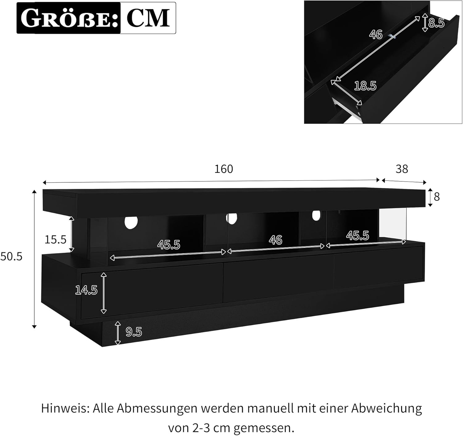 Fernsehschrank Schwarz Led, Hochglanz TV Schrank mit 3 Glasablagen, LED-Beleuchtung, App-Steuerung, Bluetooth-Konnektivität für 70 Zoll Fernseher, 160 * 38 * 50,5 cm