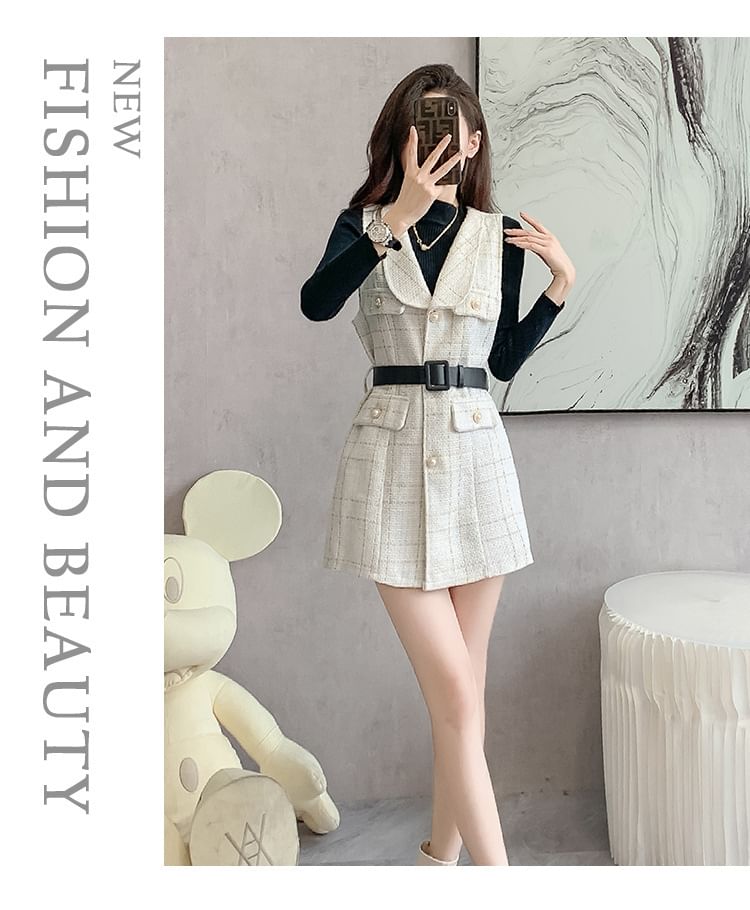 Kwuartz - Set: Mock Neck Effen Trui + Geruite Mini Overall Jurk