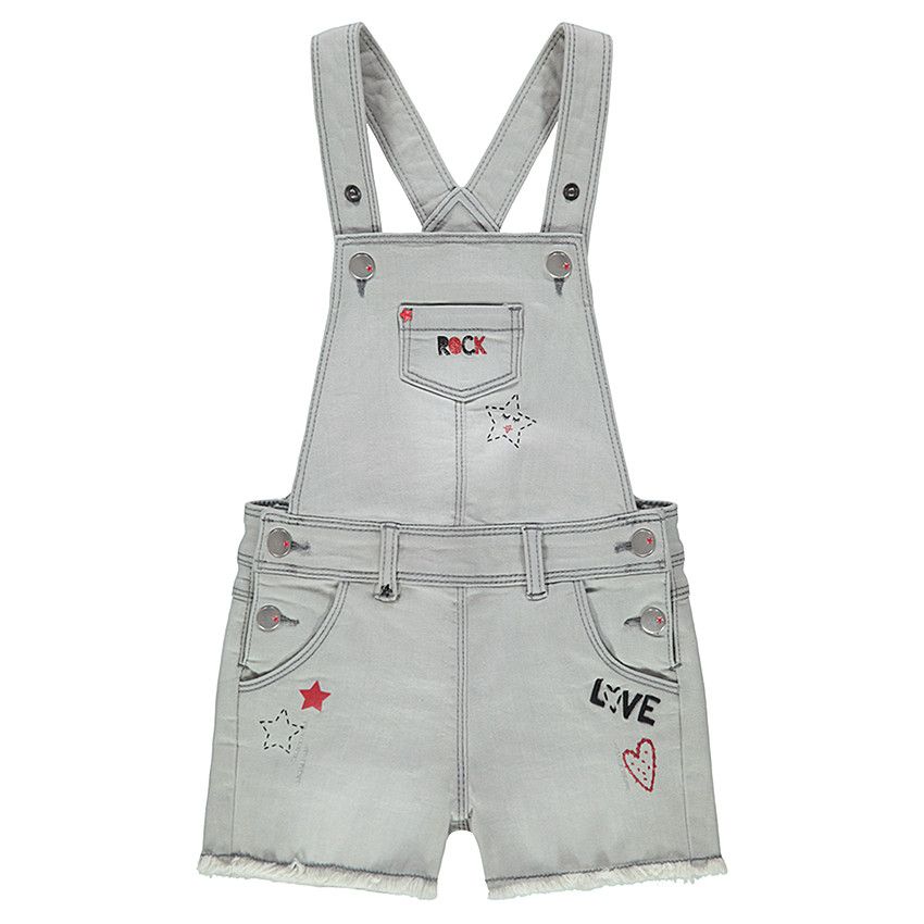 Salopette courte en jeans effet used avec broderies style rock - Gris chiné