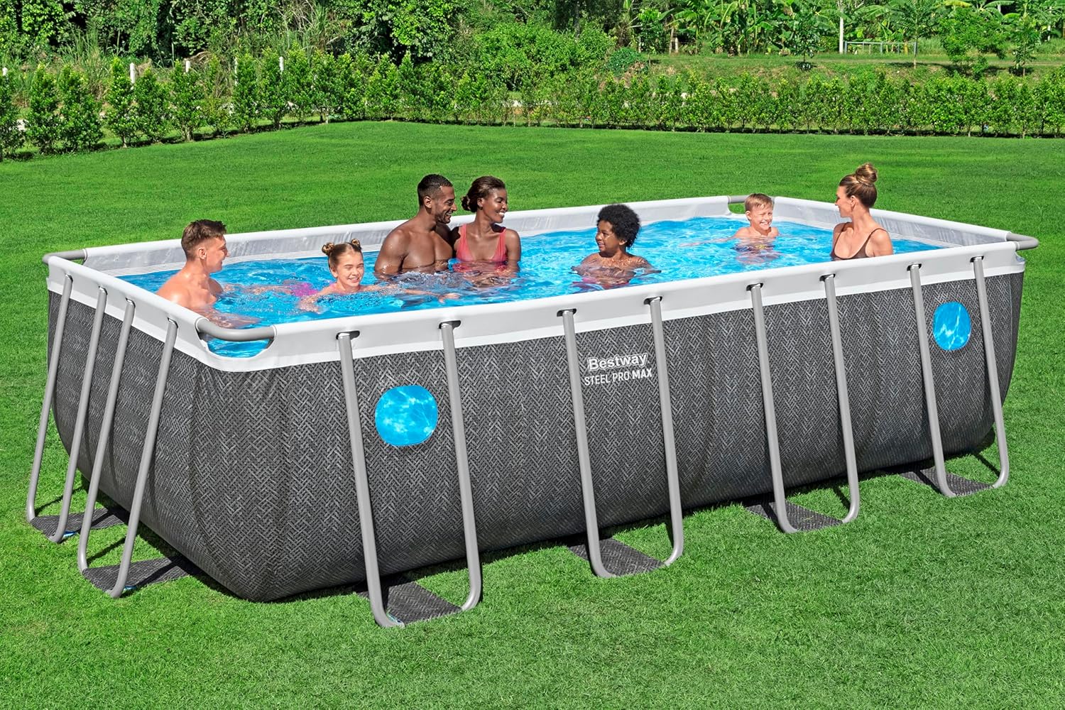 Bestway Steel Pro MAX Frame Pool Komplett-Set mit Filterpumpe, 488 x 244 x 122 cm, 11.532 Liter, Rattan-Optik, Splashview Bullaugen, Sicherheitsleiter, Abdeckplane, Filterkartusche, Schiefergrau