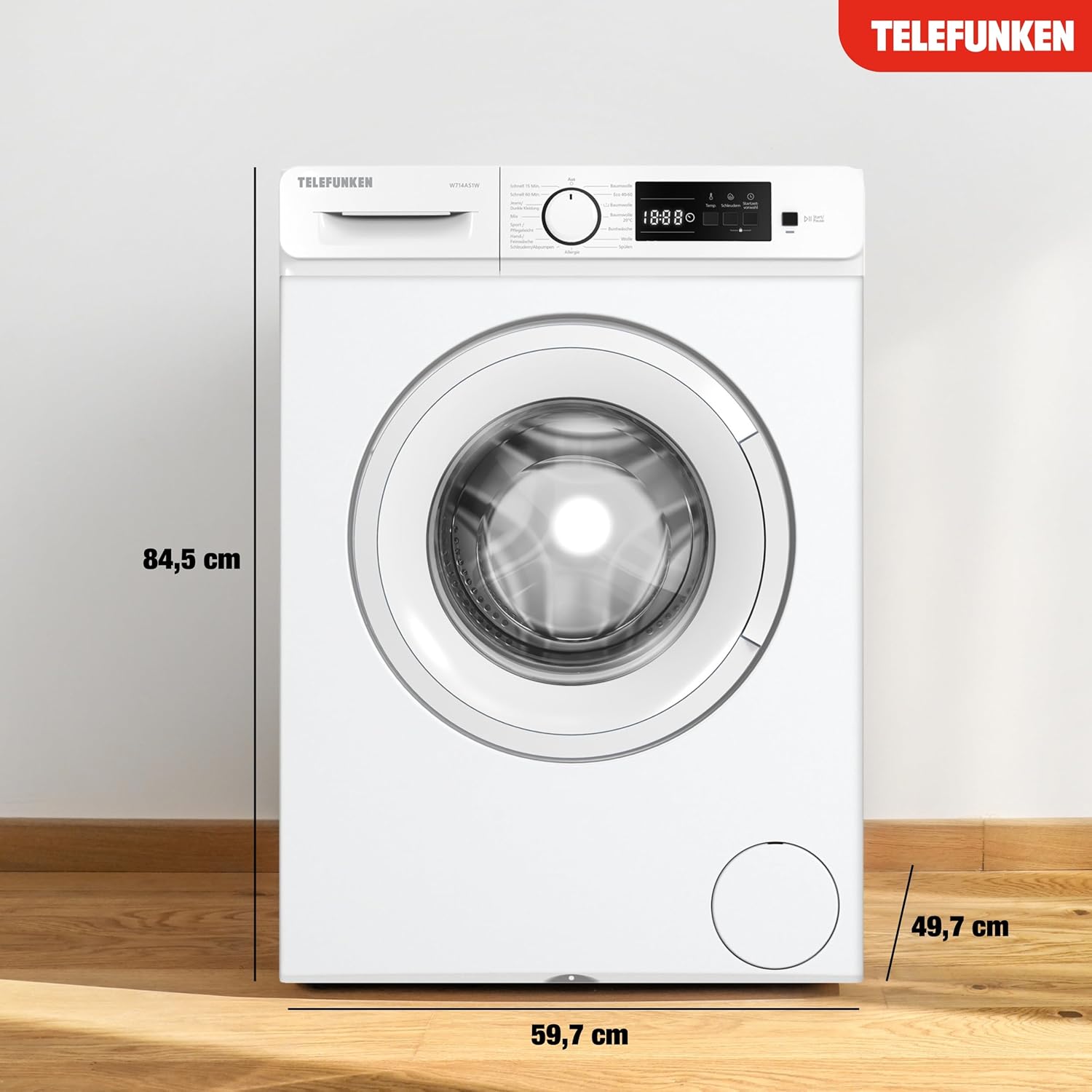 Telefunken Waschmaschine 7kg | Frontlader 1400 U/Min. | Energieklasse A | Inverter Motor | AquaStop | Schontrommel | 15 Programme | Startzeitvorwahl | Kindersicherung | LED-Display | W714AS1W weiß