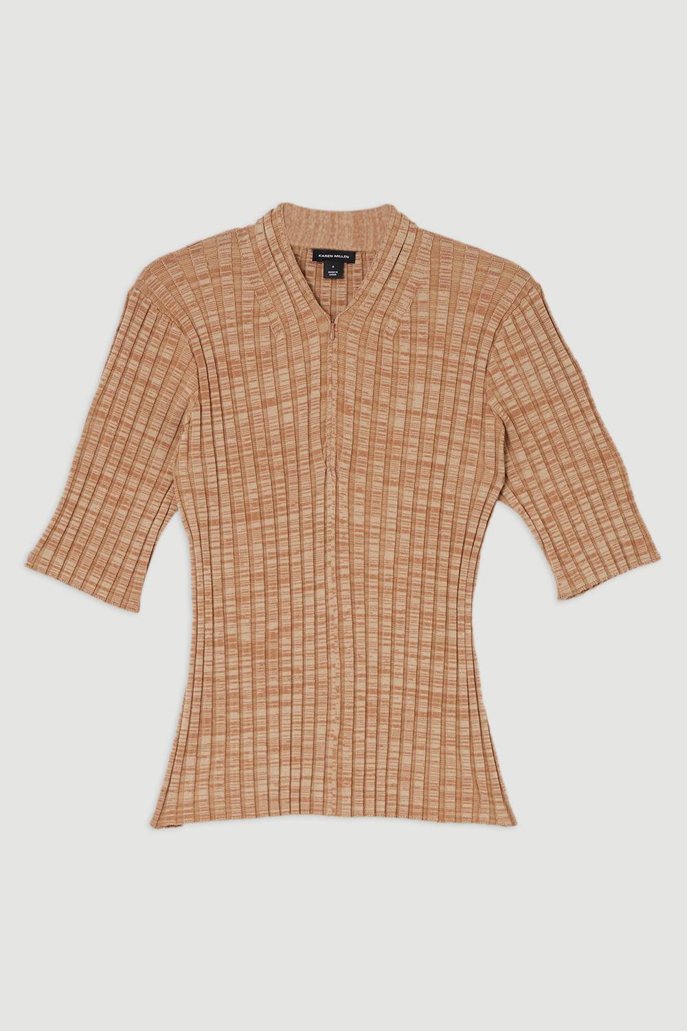 KarenMillen Haut Tricoté Côtelé Ajusté avec Détail Zip en Fil Torsadé