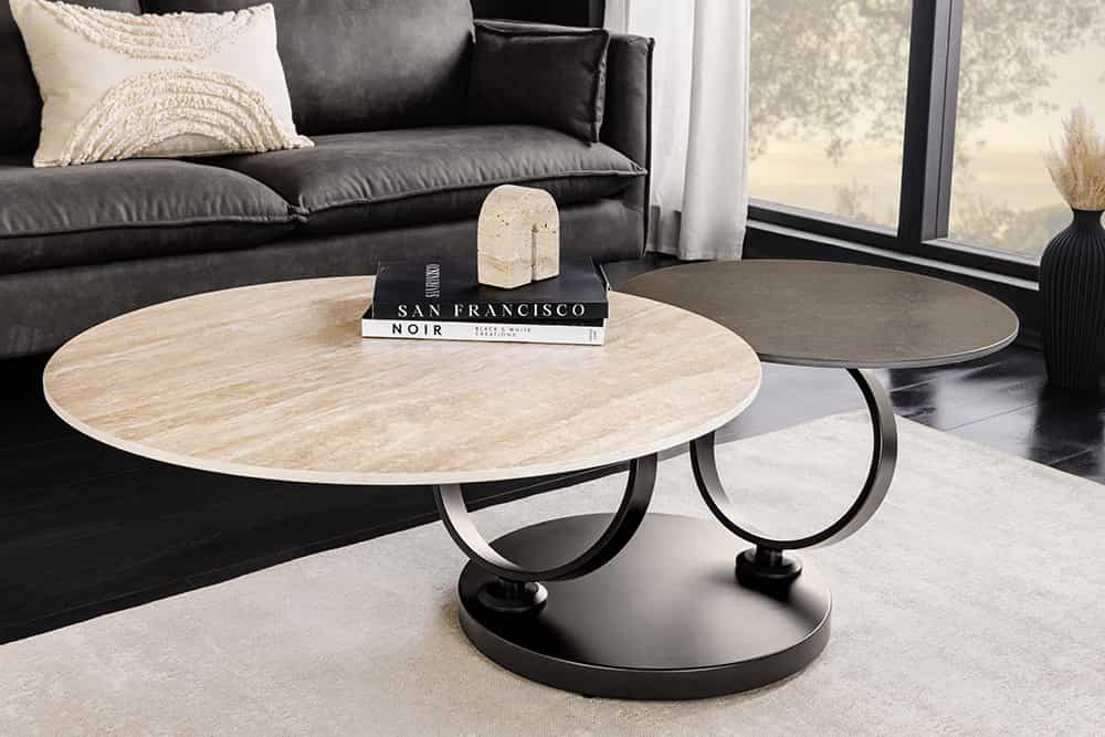 Design Couchtisch DANCING RINGS rost rund drehbar Travertin Keramik schwarz Gestell