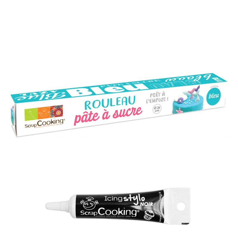 Pâte à sucre en rouleau Bleu 430 g + Stylo de glaçage noir Scrapcookin