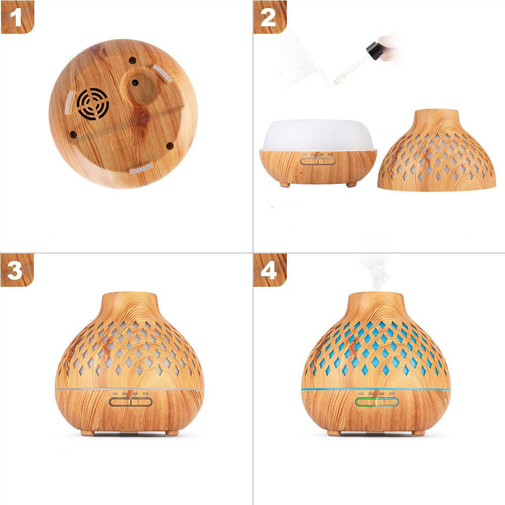 (400ml) 155x160mm Ultraschall Luftbefeuchter Aroma Öl Diffuser   Fernbedienung in Holz Optik mit LED Beleuchtung- Hellbraun