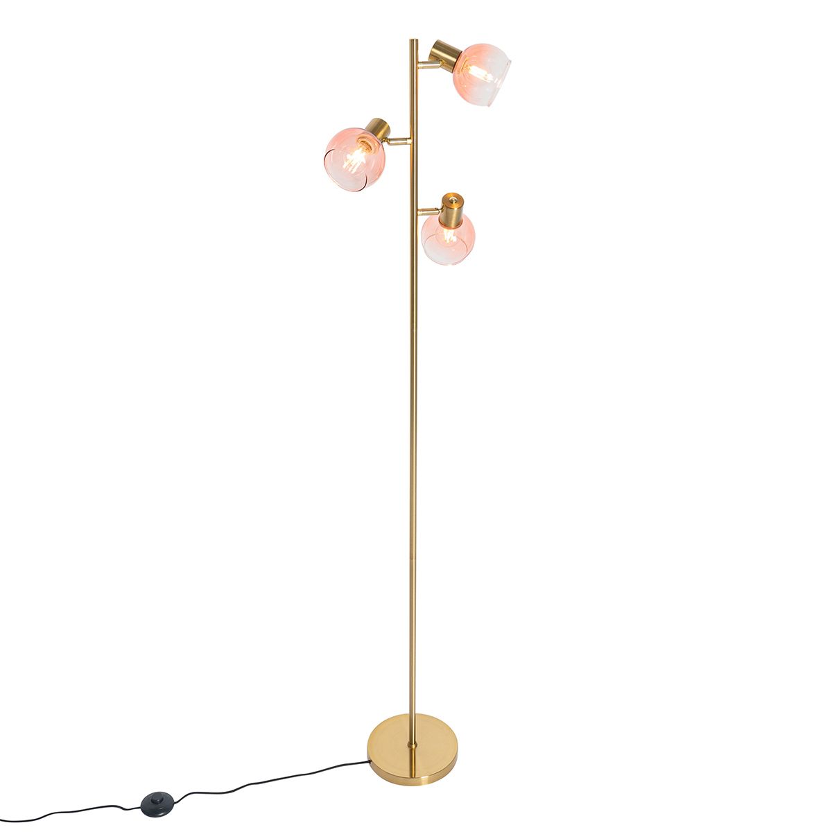 Art Deco vloerlamp goud met roze glas 3-lichts - Vidro