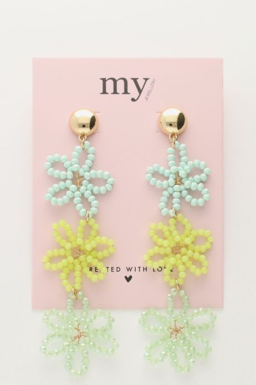 Statement oorbellen met 3 groene bloemen