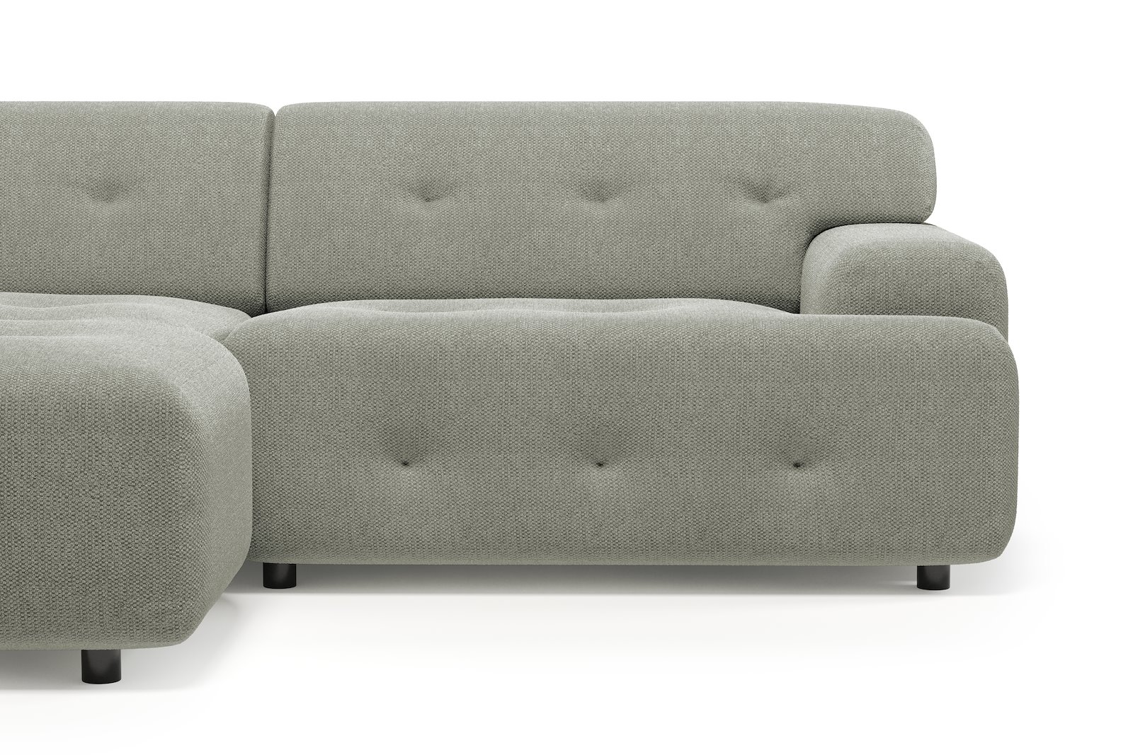 Bob sofa 1,5-seter med sjeselong venstre. Tekstil Mito 180 Light Grey med sorte ben.